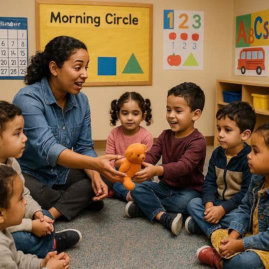 Children sit on a rug for morning circle with their teacher