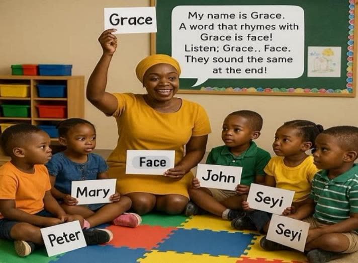 A teacher in a head wrap leads a name game with children holding name cards