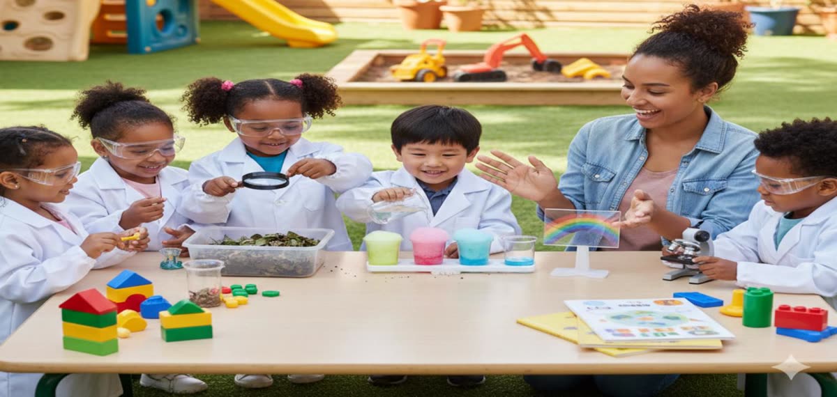 Children in lab coats explore science materials at a table with their teacher
