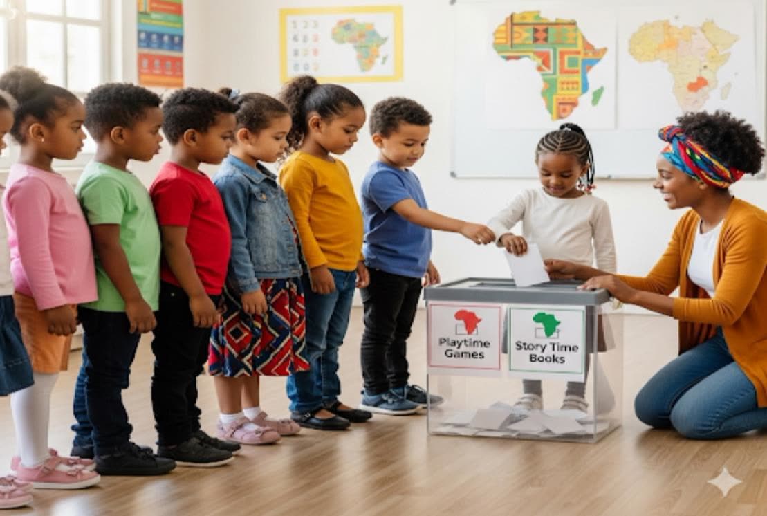 Preschool children queue to cast paper ballots in a classroom ballot box while their teacher helps